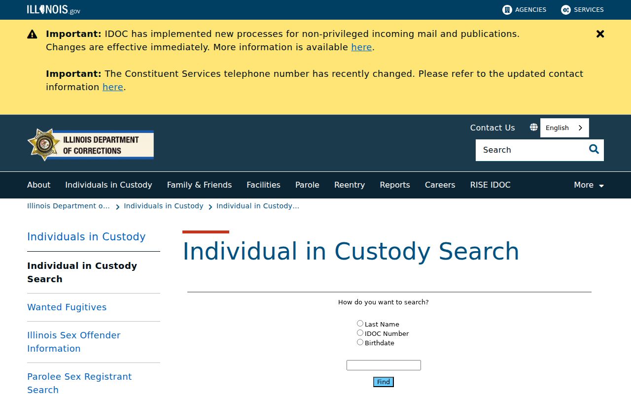 Illinois Department of Corrections custody locator